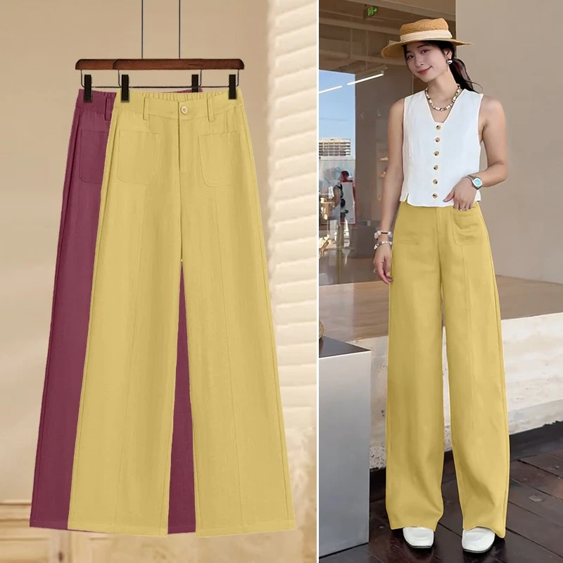 【莱赛尔+亚麻窄版直筒裤女】2025夏季薄款休闲女裤高腰显瘦阔腿裤
