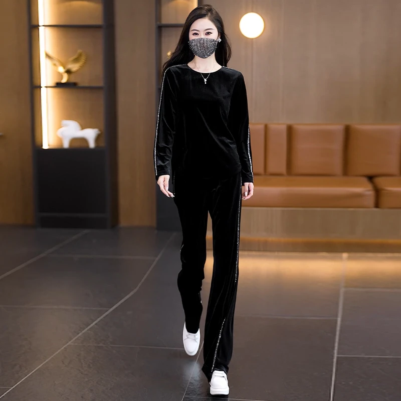 【女神新衣】2025气质高级感丝绒上衣阔腿裤秋季穿搭一整套时尚套装