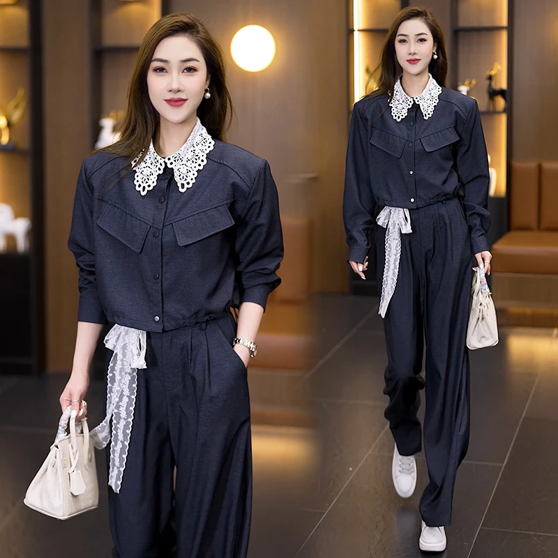 牛仔蕾丝套装春秋休闲风慵懒高腰洋气气质时尚收腰两件套套装