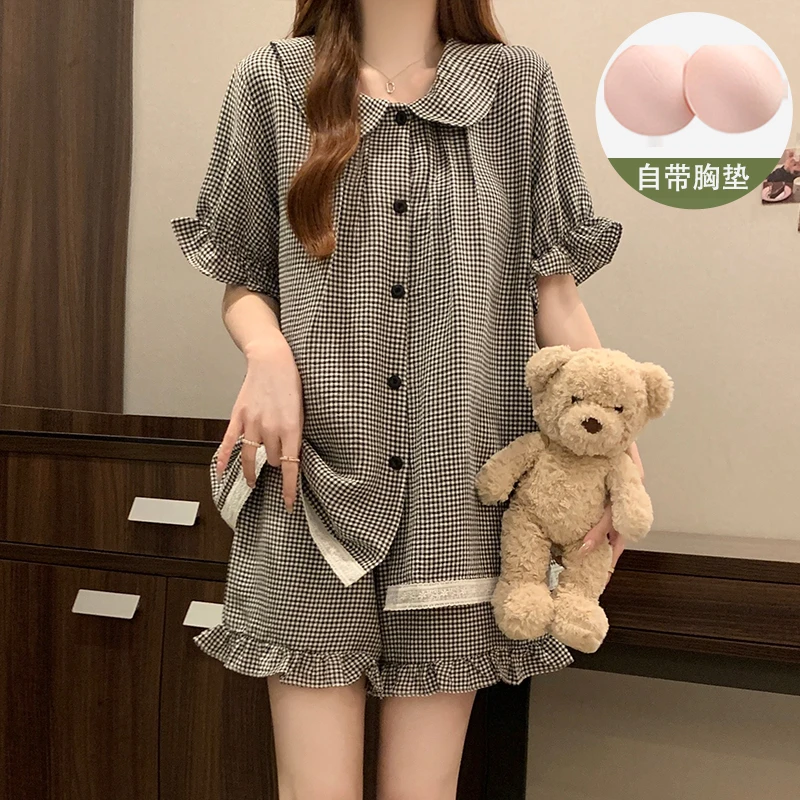 带胸垫睡衣女款夏季短袖天丝棉格子花边2025新款夏天一体式家居服