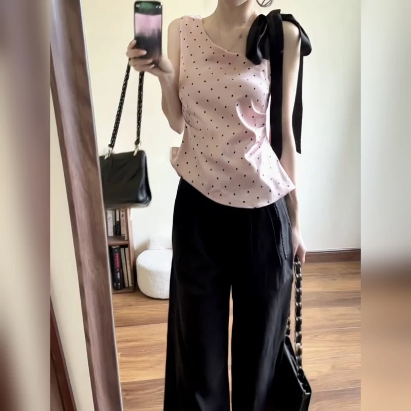 梦优莱甜美可爱风气质百搭波点印花蝴蝶结上衣女夏季时尚显瘦T恤