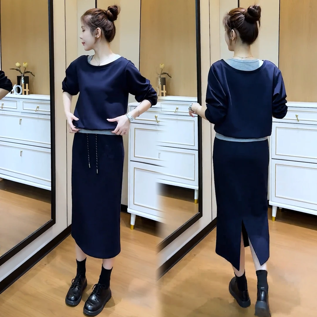 时尚套装女2025秋季新款洋气显瘦假两件长袖卫衣半身裙气质两件套