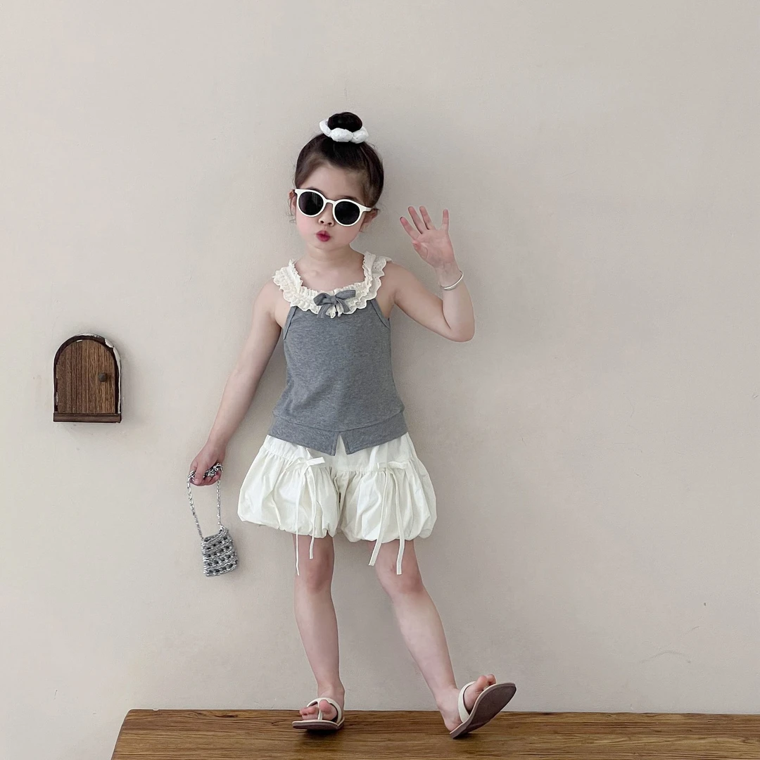 韩版童装2025新款夏季女童蕾丝领花边背心蝴蝶结花苞短裤两件套潮