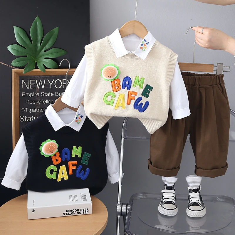 2025春秋季新款男童时尚洋气休闲毛衣小童长袖衬衫裤刺绣女童