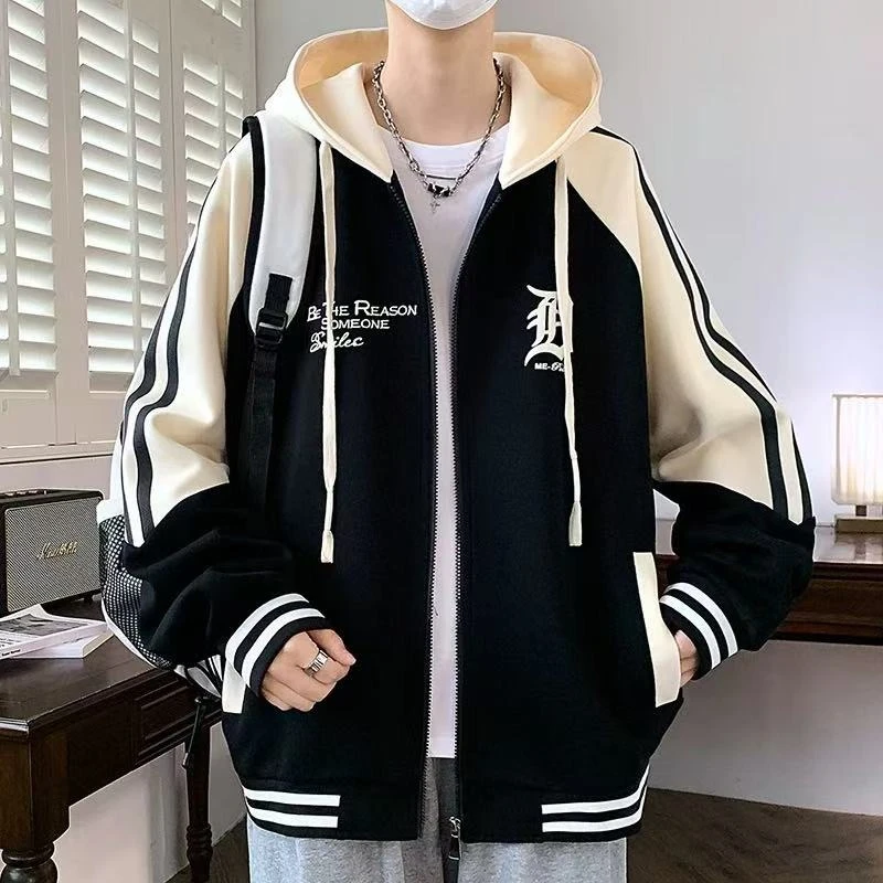 港风潮流棒球服连帽外套男秋冬季休闲宽松大码百搭帅气刺绣夹克衫