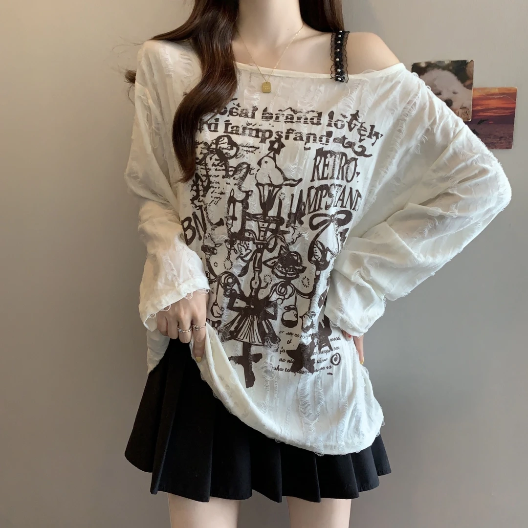 美式字母印花斜肩长袖t恤设计感收腰遮肚子胖mm大码春秋辣妹上衣