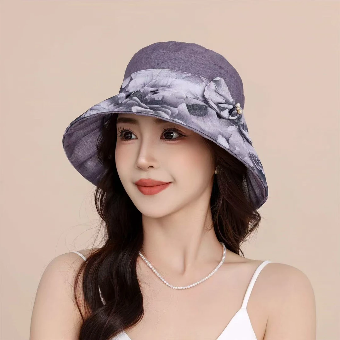 春夏腰条欧根纱花朵盆帽透气可折叠妈妈渔夫帽度假沙滩帽雪纺帽女