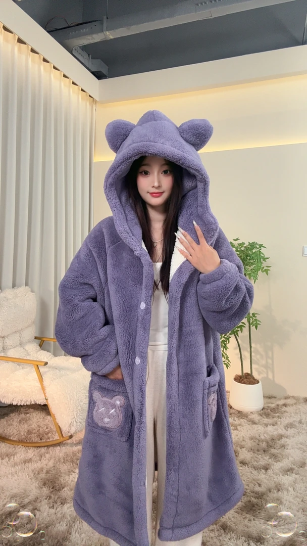 蕊蕊小熊双层加厚睡袍毛绒家居服连帽宽松中长款加绒保暖甜美卡通