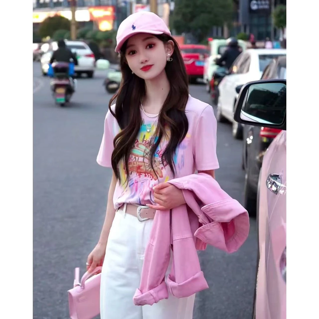 现货【动感涂鸦】新款设计感涂鸦印花显瘦短袖T恤T1374