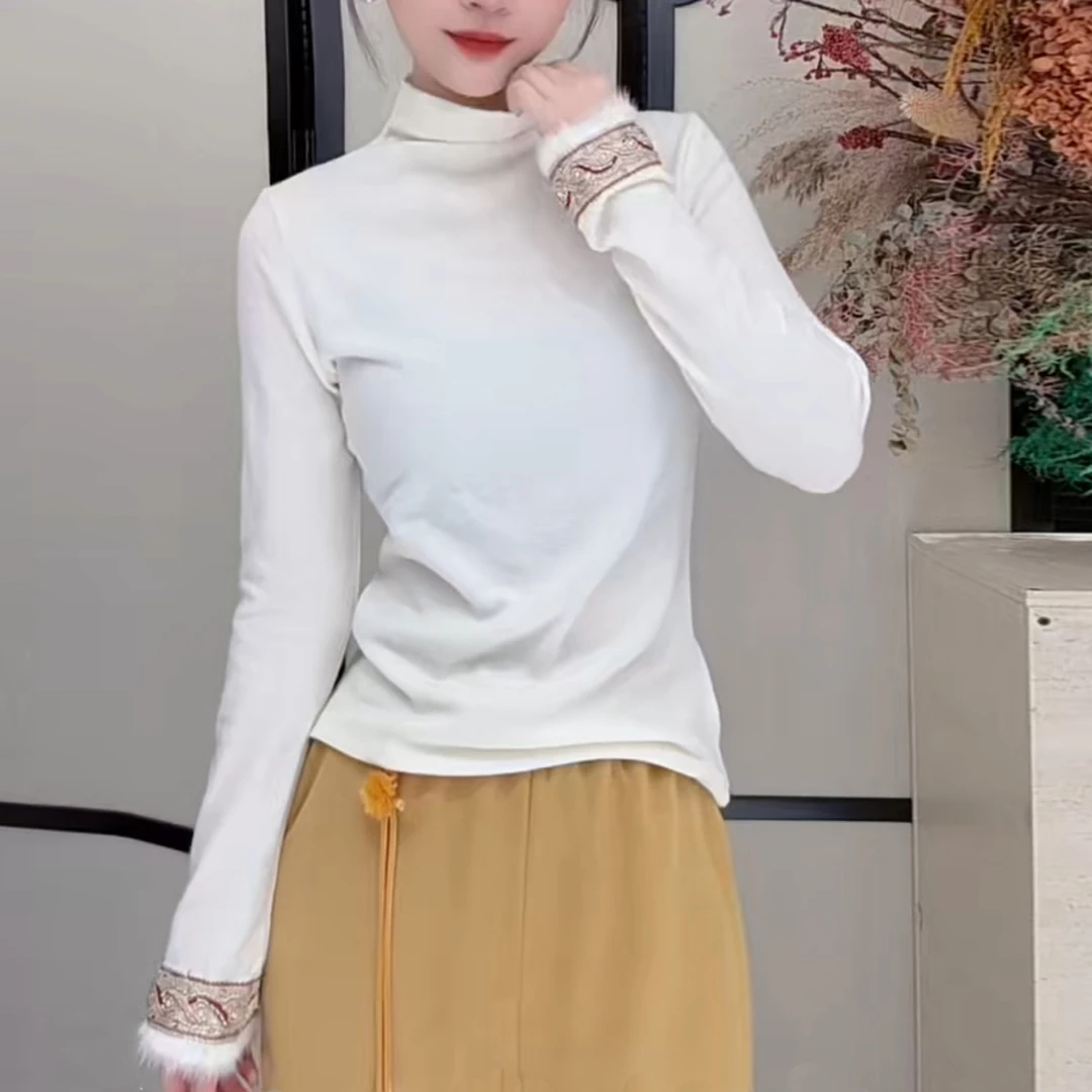 阡陌家新中式提花水貂毛刺绣国风打底衫秋冬新款高级感保暖小衫