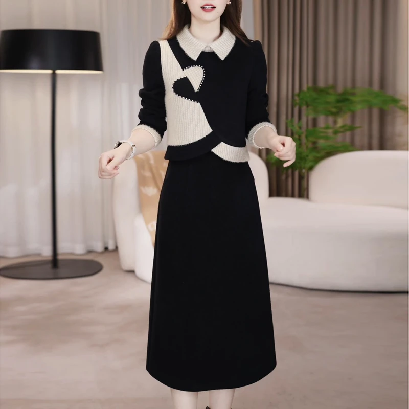 小香风精致假俩件连衣裙女2025冬新款气质百搭加厚保暖中长款裙子