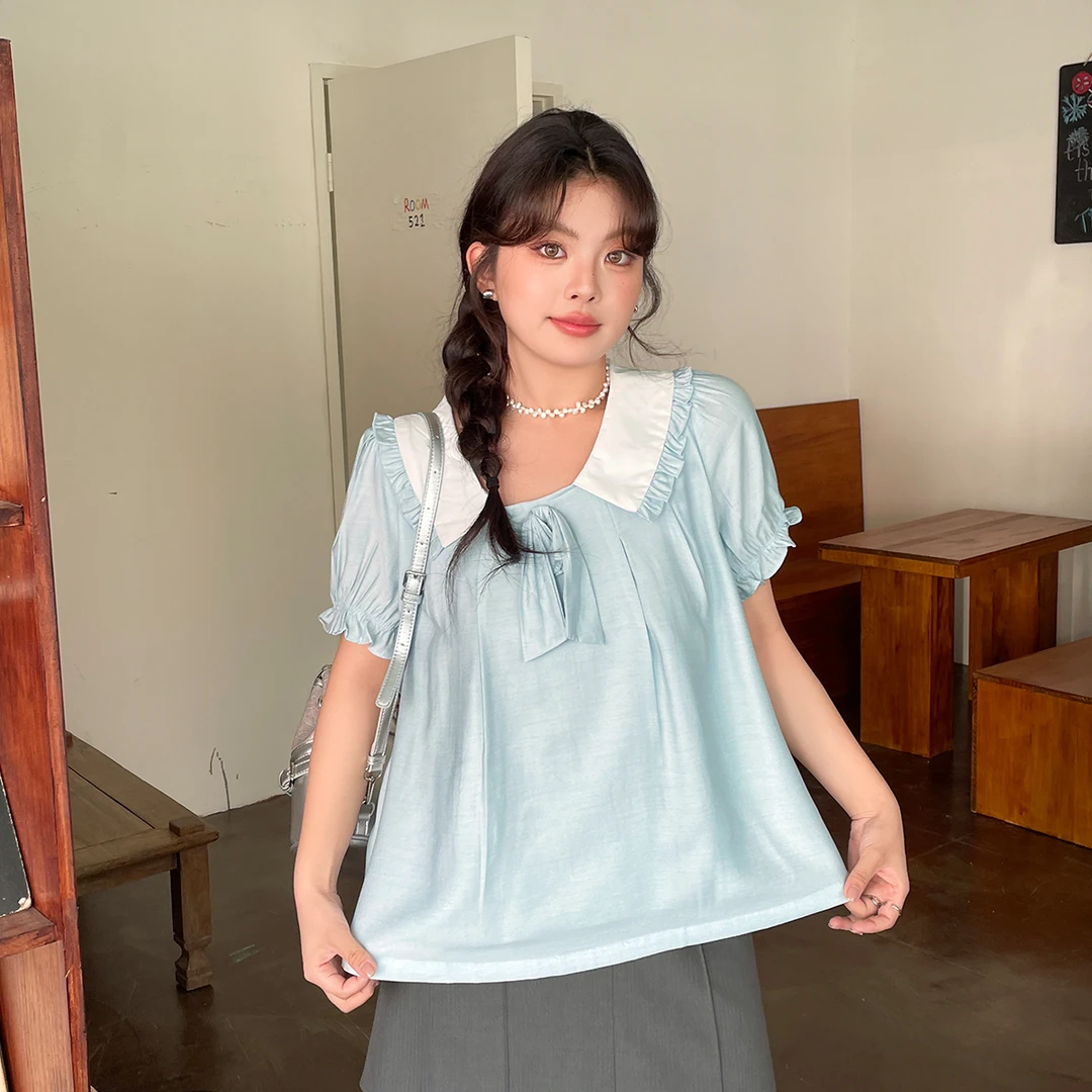 【现现专场】设计感甜美可爱娃娃衫夏季大码女装新款木耳边气质上衣