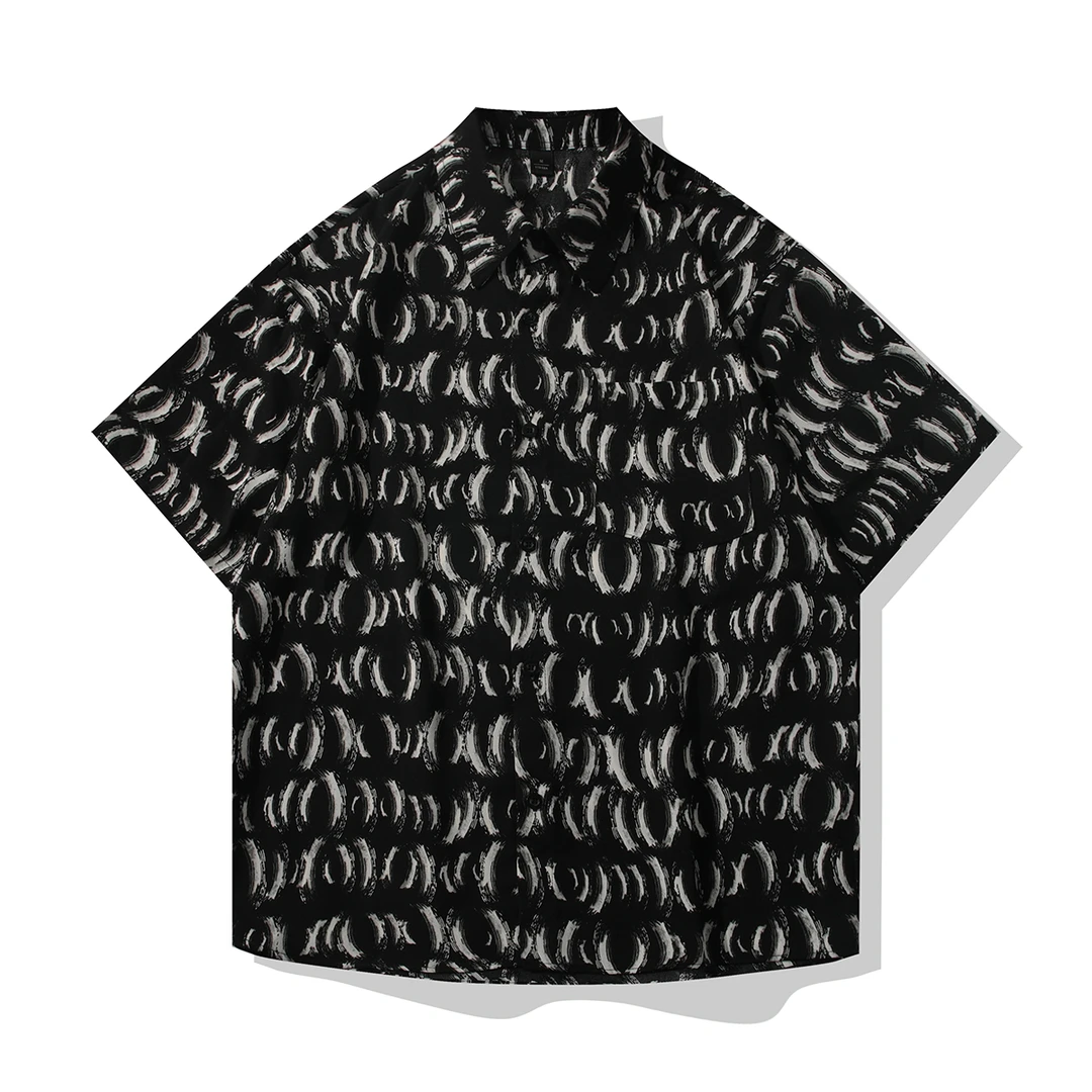 港风复古冰丝短袖花衬衫男装夏季薄款垂感潮流痞帅宽松满满印衬衣