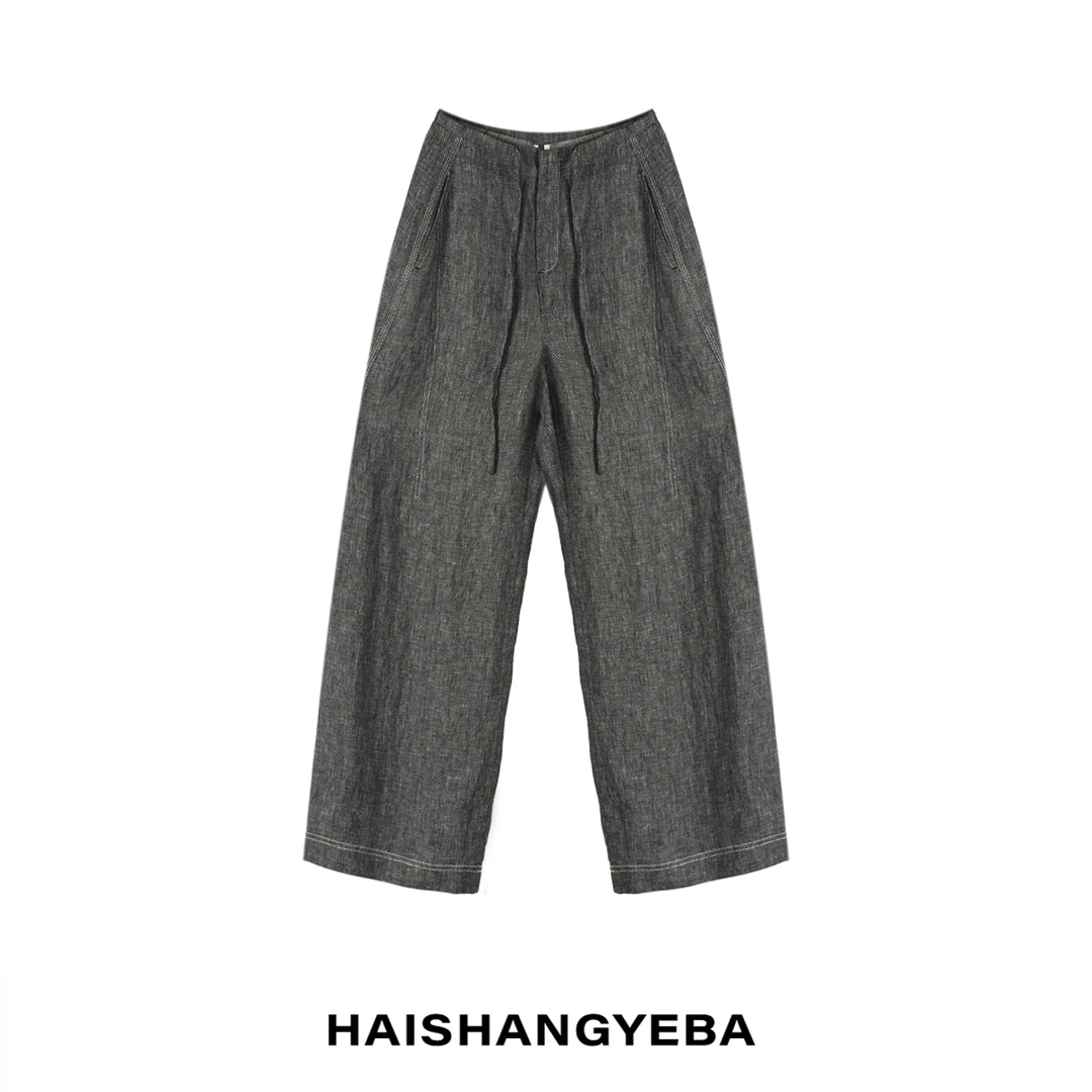 【海上叶爸】新款2025百搭斜纹色织亚麻抽绳松紧腰休闲裤