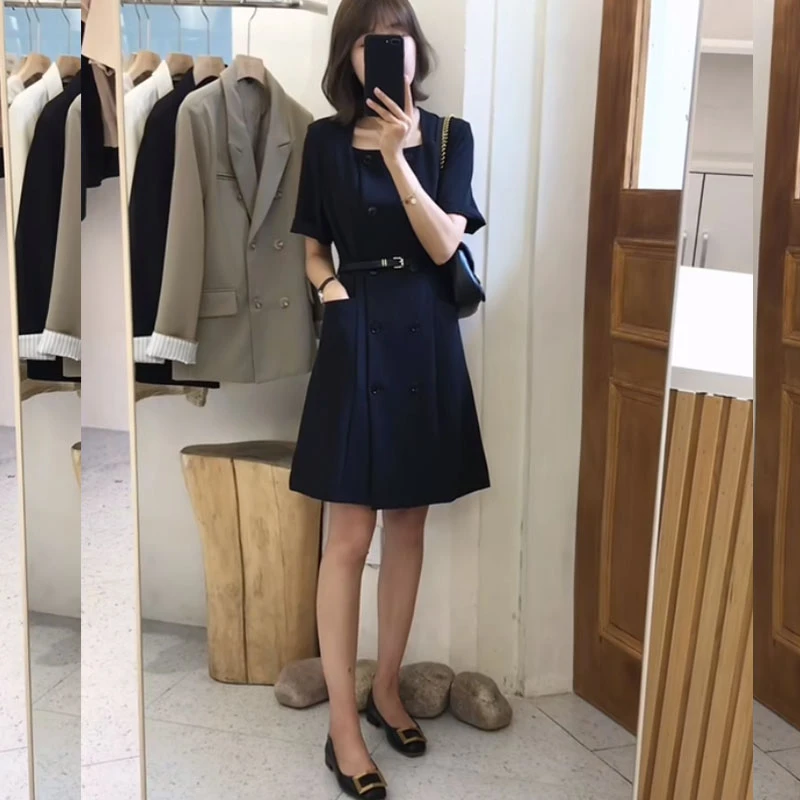 2025年夏季双排扣收腰百搭气质连衣裙方领短袖时尚通勤A字裙女潮