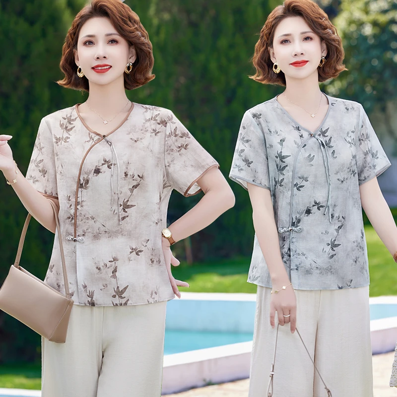 时尚妈妈夏装套装新款中老年女透气上衣宽松中年人休闲