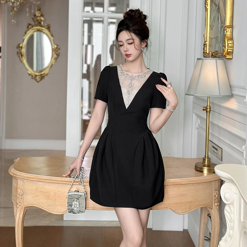 【时时原创】气质赫本风轻奢复古显瘦法式名媛设计感收腰连衣裙9076