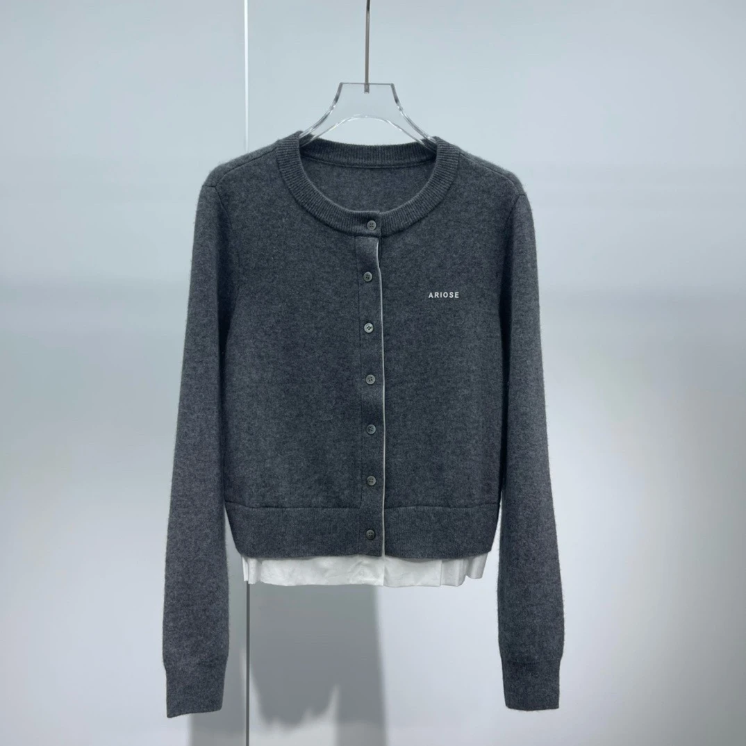 艾家商场同款开衫百搭灰色圆领上衣长袖8008