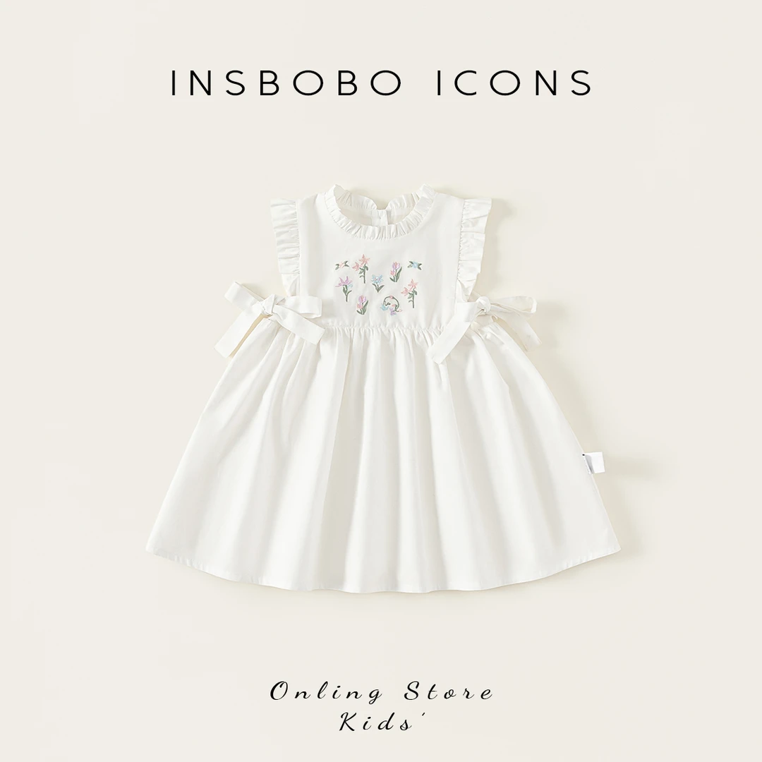 INSbobo女童刺绣公主裙夏季新品花边蝴蝶结花朵刺绣连衣裙XQ25204