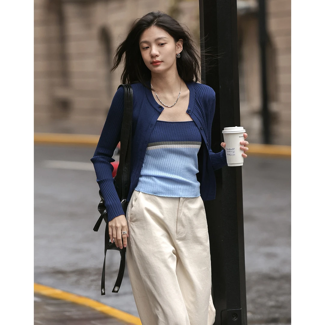 【小云总专属】德·玛纳海盐蓝针织套装气质撞色针织吊带+长袖针织衫