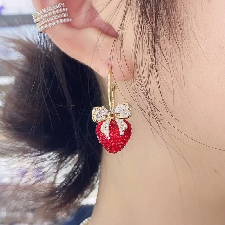 铜合金锆石耳饰 红色甜美蝴蝶结爱心耳环