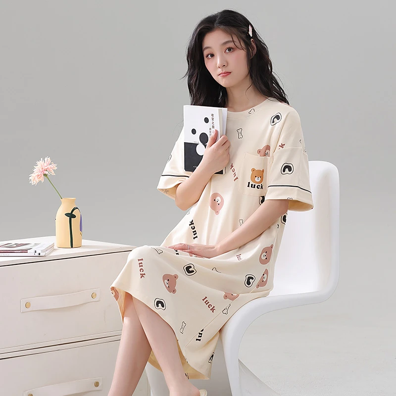 【100%棉带胸垫】紫色女圆领新款裙装纯棉睡衣家居服女生S5BD5938