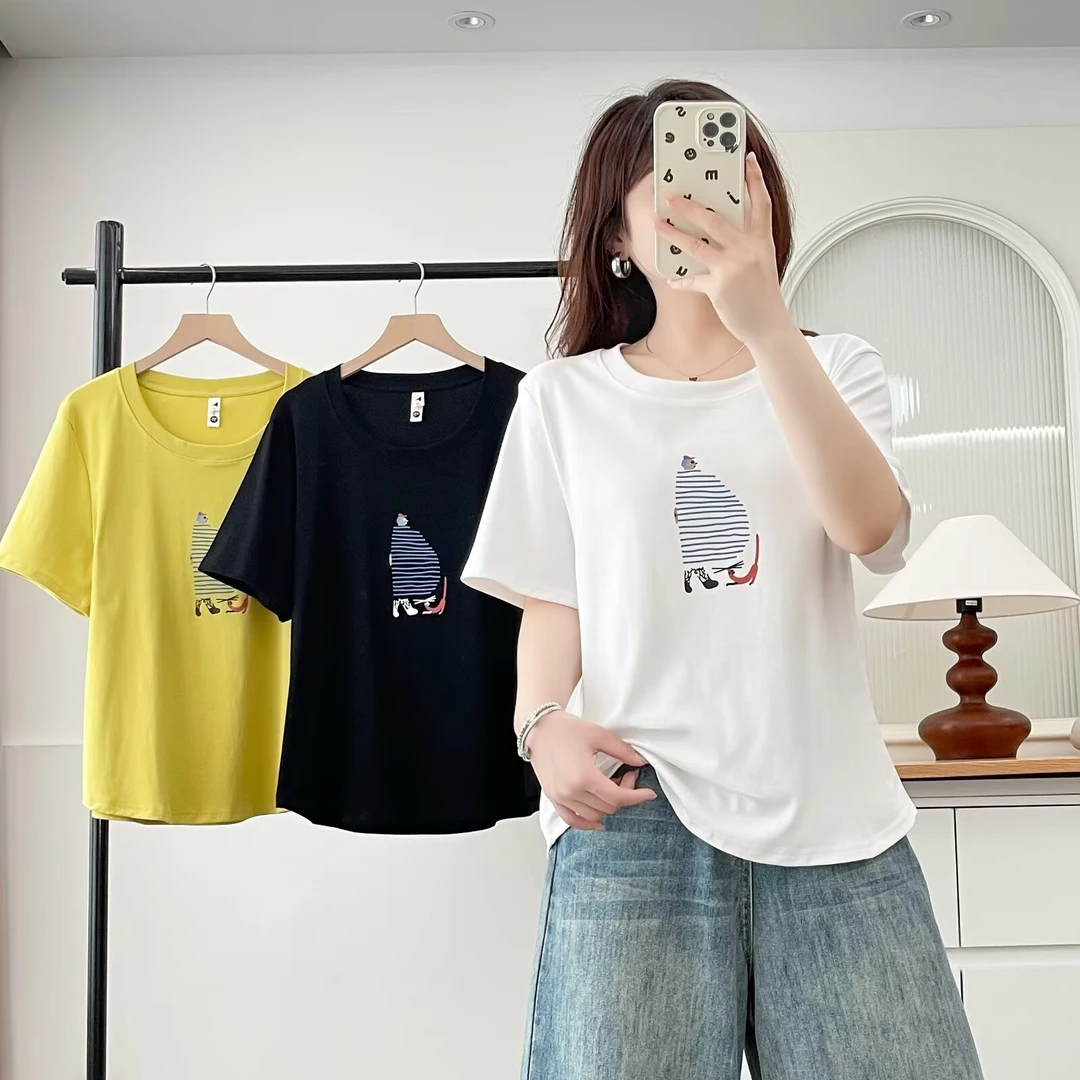JIANAOBEN/简澳本大码洋气显瘦宽松卡通印花薄款正肩圆领短袖T恤