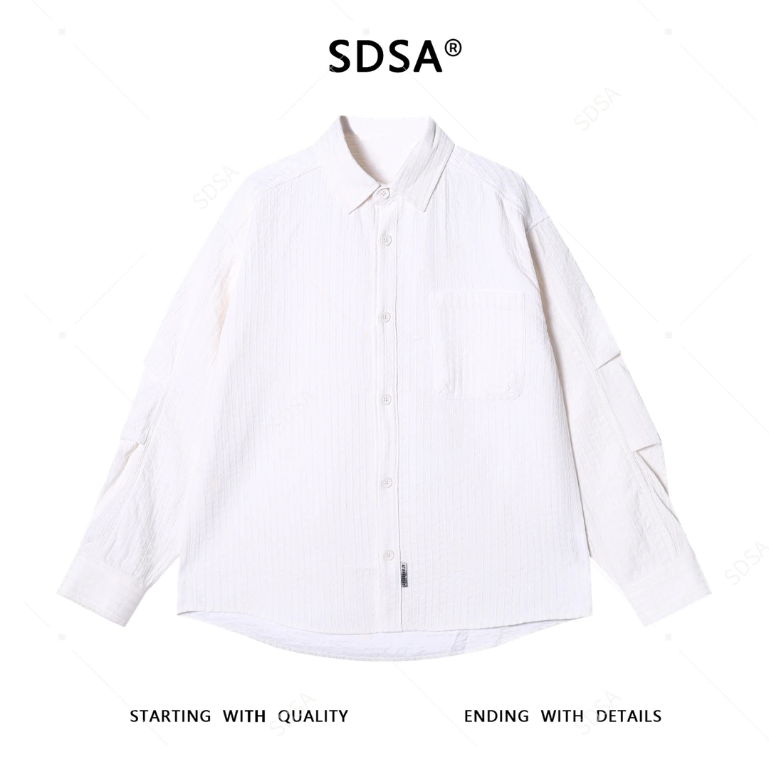 SDSA男士秋冬新款痞帅男装潮牌纯色褶皱竖纹长袖衬衫时尚百搭衬衣