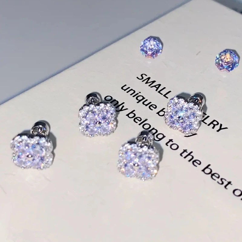 钛钢锆石耳饰 爆闪柔雾紫满钻淡紫四叶花百搭钛钢耳骨钉螺纹耳钉