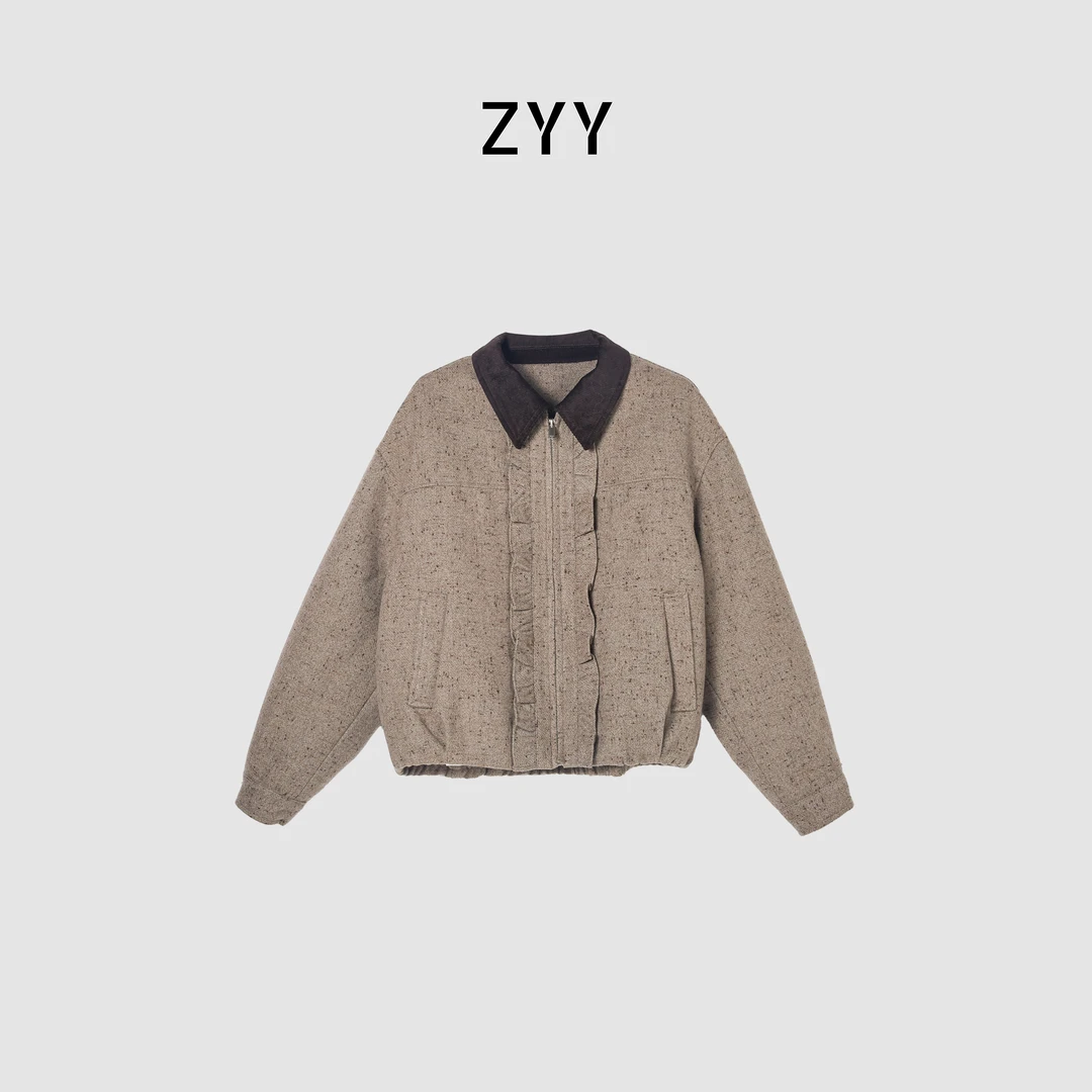 ZYY【山扶晚月】2025/S设计感撞色翻领木耳边羽绒X25DYRF05627