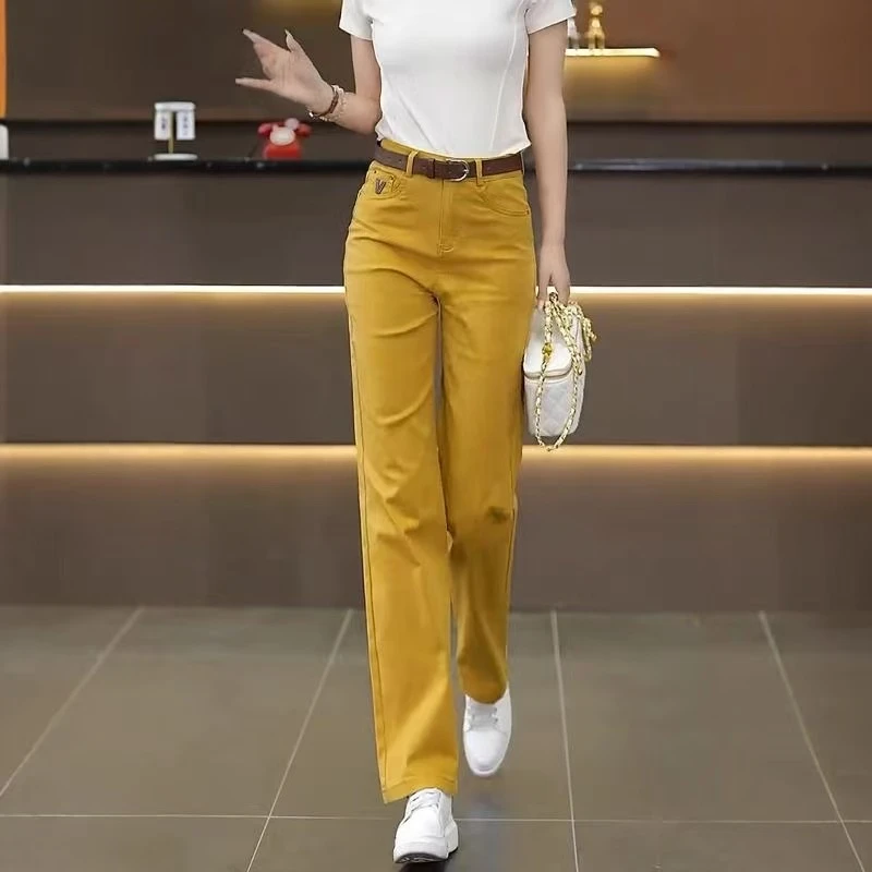 春夏流行百搭阔腿裤牛仔裤女新款爆款长裤高腰显瘦姜黄色直筒裤子