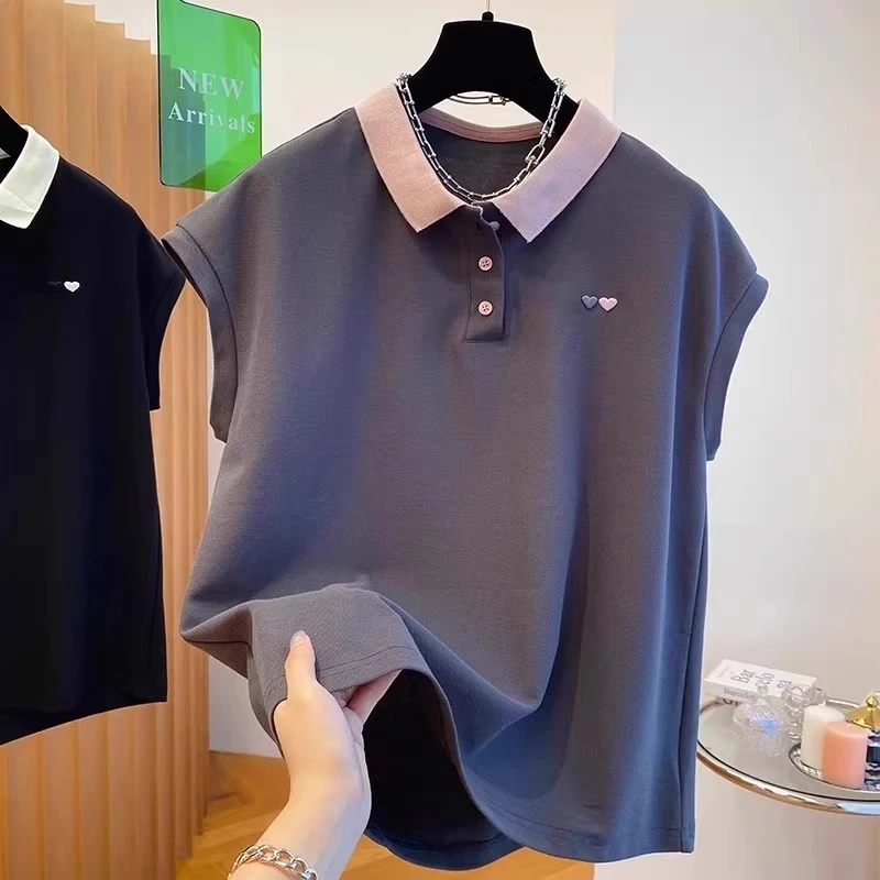 夏季洋气潮流特大码240斤爱心复古宽松休闲polo百搭无袖上衣女潮