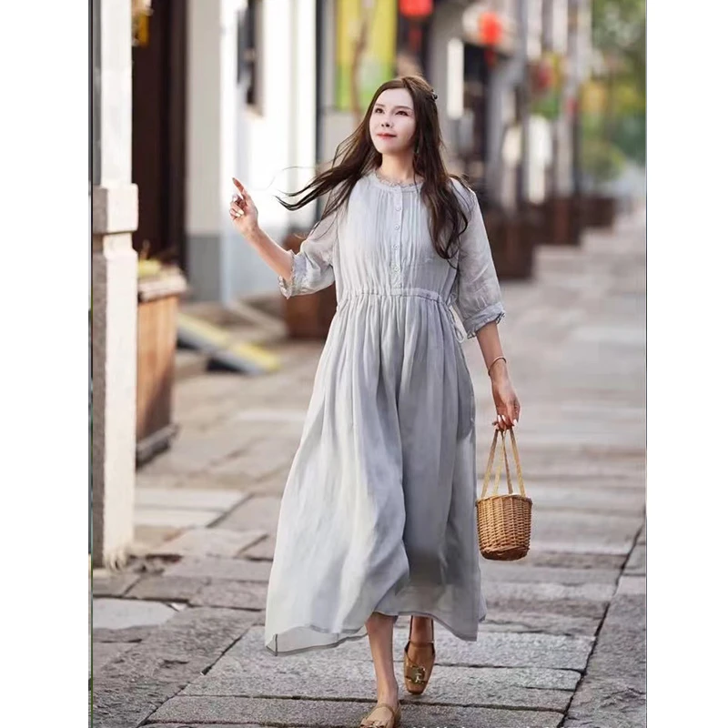 复古苎麻木耳领双层系带连衣裙女文艺大码气质显瘦长裙