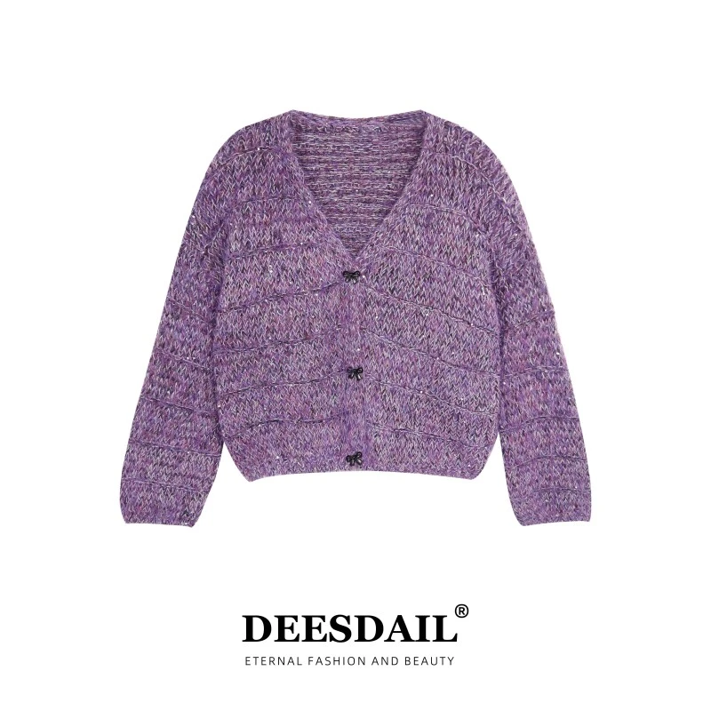 【112】DEESDAIL早秋长袖紫色亮片上衣气质显瘦百搭针织衫女Y461