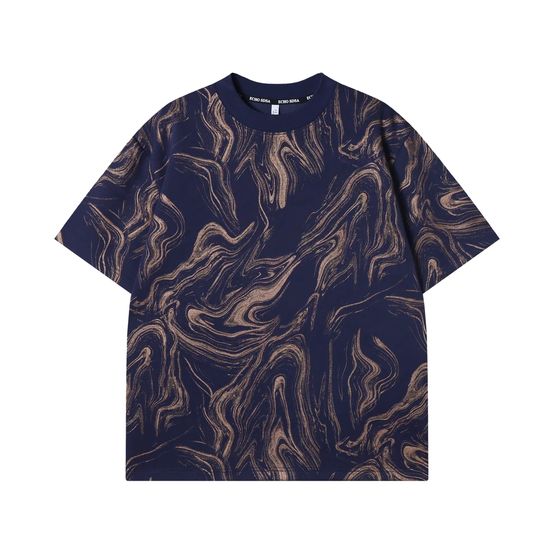 夏季高级感新款韩系痞帅水波纹圆领短袖T恤简约百搭休闲套头上衣