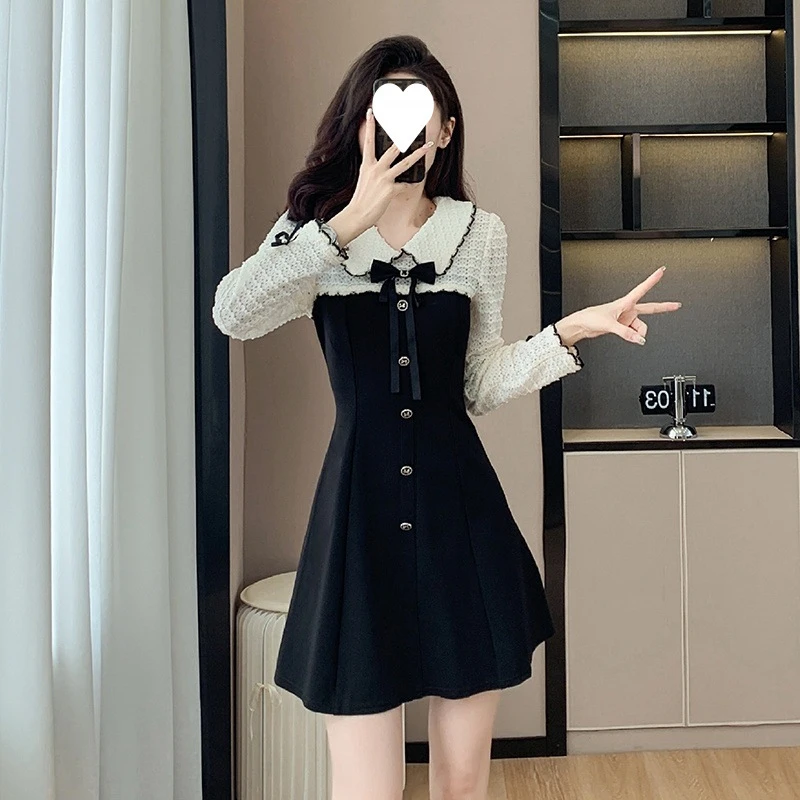 假两件小香风连衣裙2025秋季新款法式复古甜美减龄显瘦遮肉小黑裙