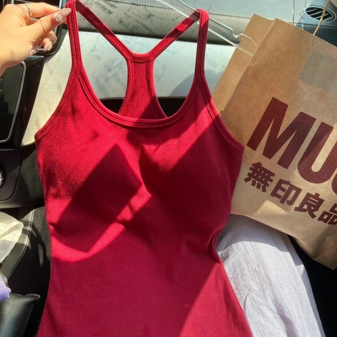 运动背心女工字健身内衣红色带胸垫美背瑜伽普拉提上衣文胸一体韩