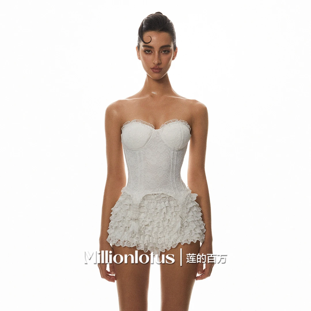 莲的百万 蕾丝花边挂坠鱼骨胸衣浪漫蕾丝蛋糕裙裤套装