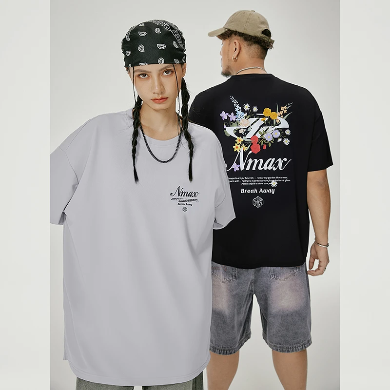 NMAX大码潮牌男装25年夏季美式花卉图案印花透气短袖T恤FNT154