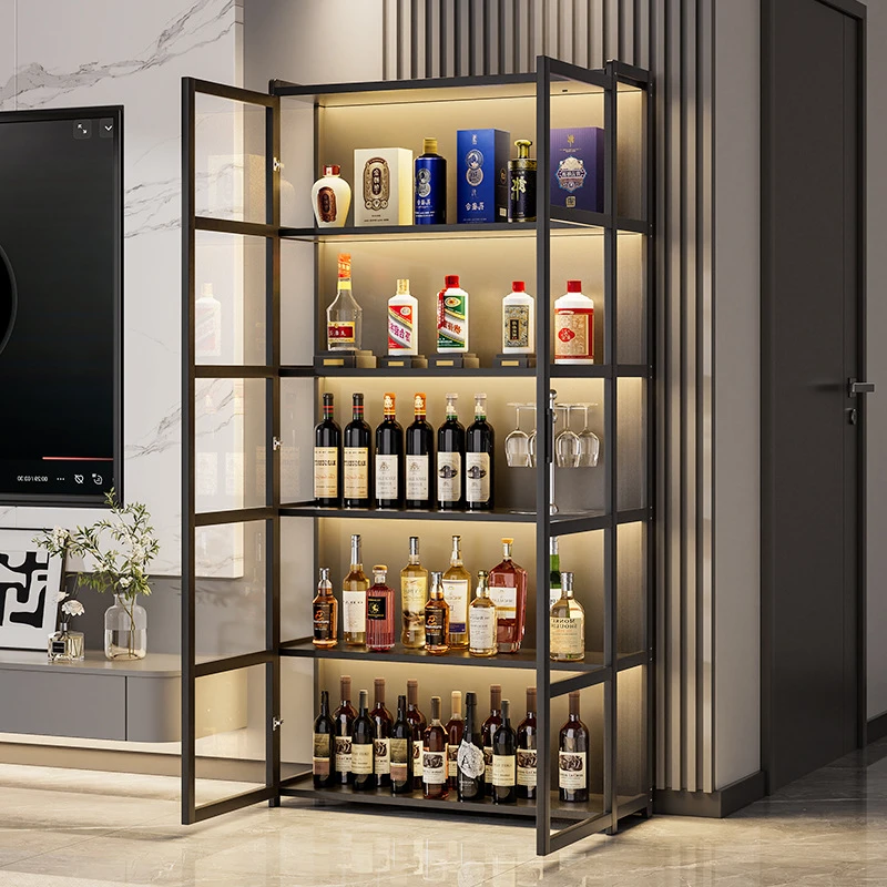 带锁酒柜一体柜靠墙储物柜自带灯条家用客厅红酒展示柜隔层柜落地