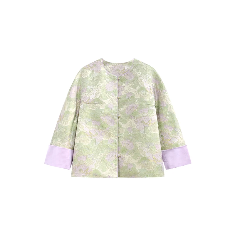 【橙庐】443009原创新中式莲叶田田宋锦外套 女款桑蚕丝闲中国风