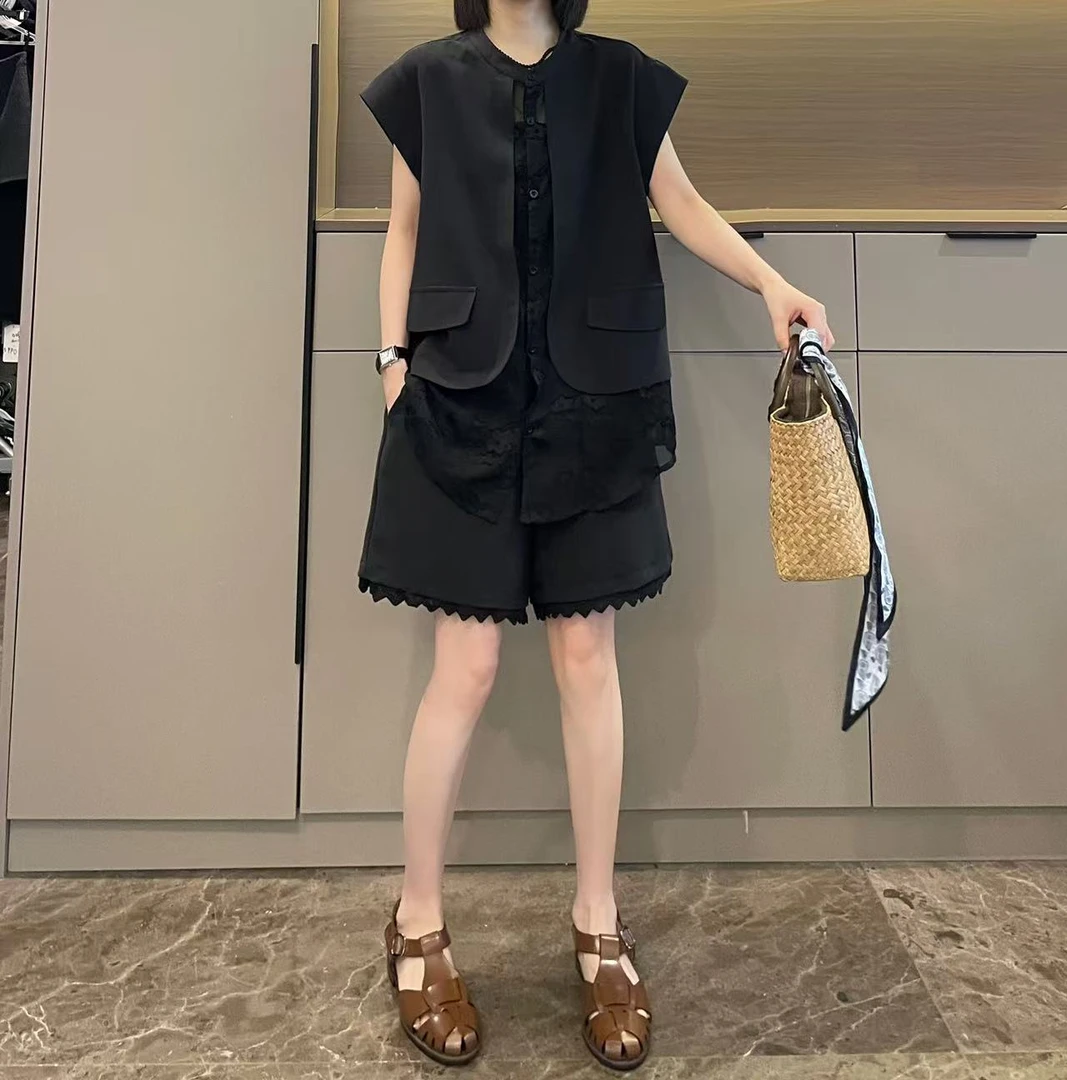 米可/MK-2395LJ【拼纱假两件上衣短裤套装】时尚夏季新款两件套