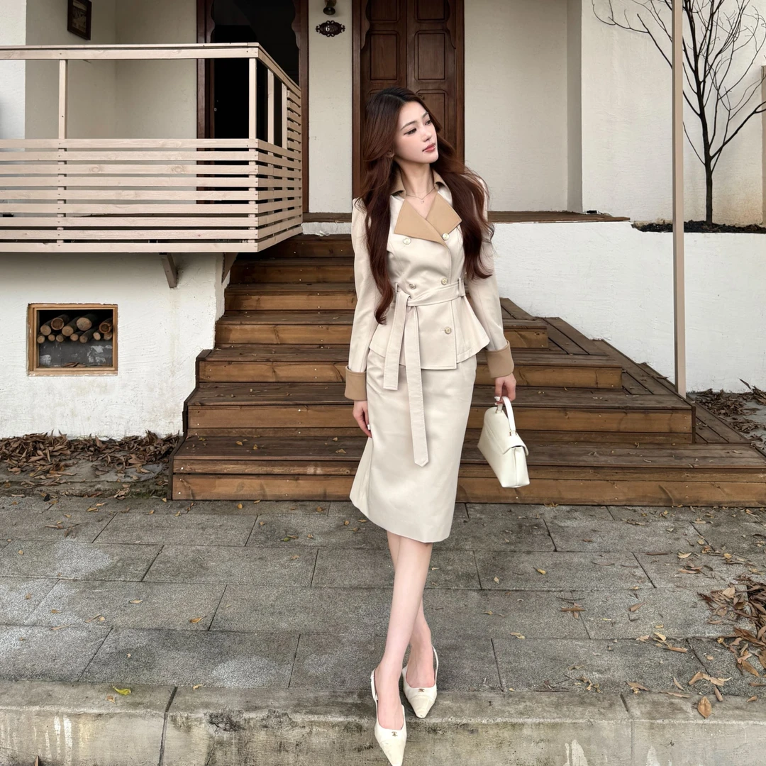 【暮雪佳人】秋季新品设计感收腰绑带翻领风衣套装女外套+包臀半裙