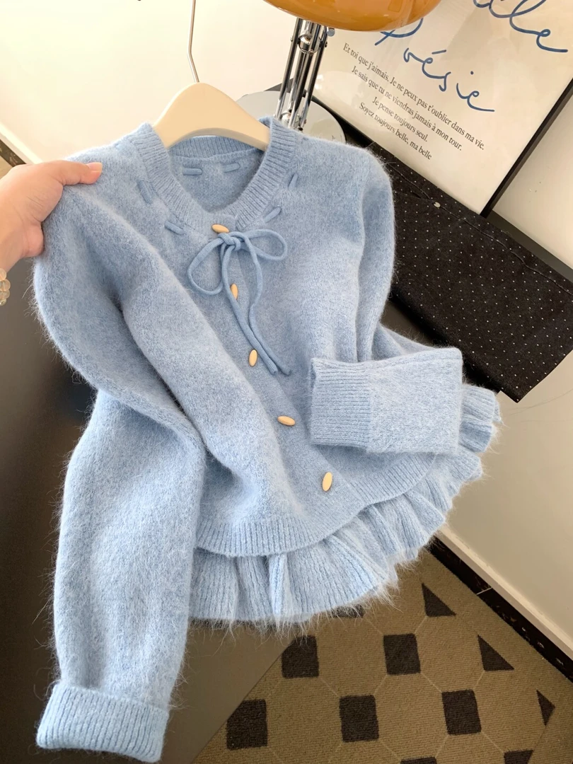 韩系蓝色蝴蝶结系带针织开衫女2025秋冬新款慵懒宽松显瘦百搭毛衣