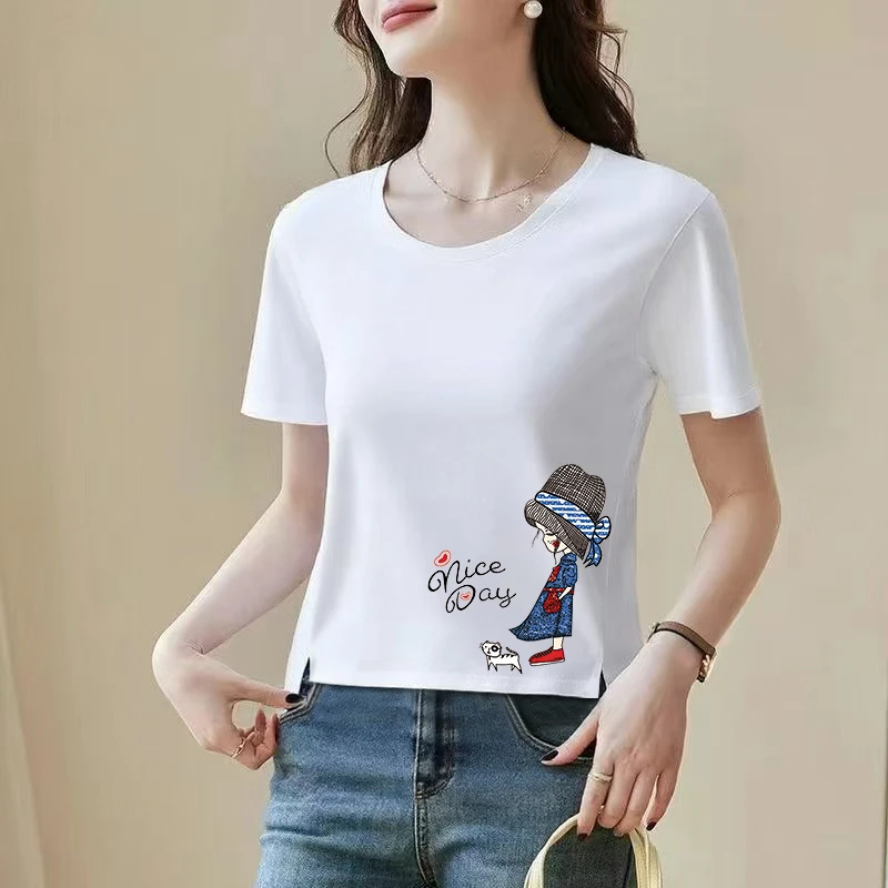 纯棉圆领印花白色女士短袖不规则开叉新款洋气宽松百搭体恤上衣