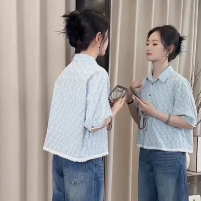 爆款超好看重工刺绣短袖衬衫女装2025夏季小个子漂亮薄款小衫上衣