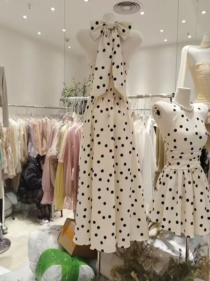 时尚连衣裙挂脖裙子法式风显瘦波点夏季收腰长短裙（蝴蝶结可拆卸）