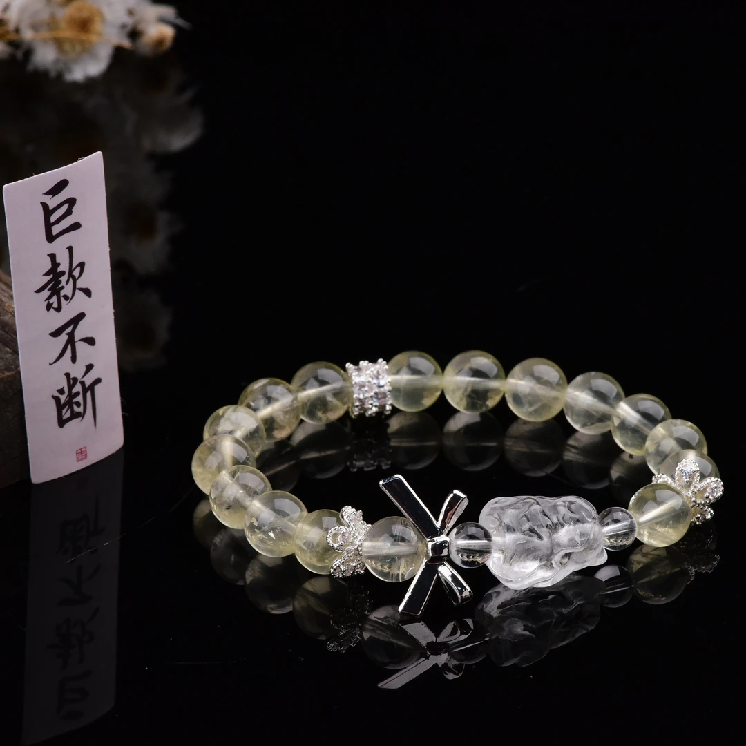 晶灵九尾狐天然柠檬黄水晶手链9mm白水晶九尾狐手串轻奢女款饰品
