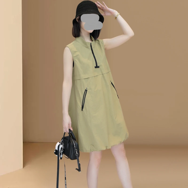 2025夏季新款时尚洋气卡其色工装无袖连衣裙拉链显瘦工装风背心裙