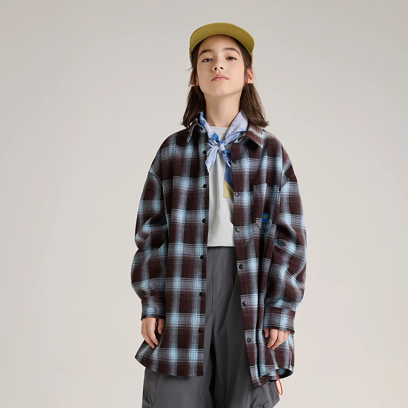 中长款格子时尚男童格纹春秋方领潮格男童衬衫男童